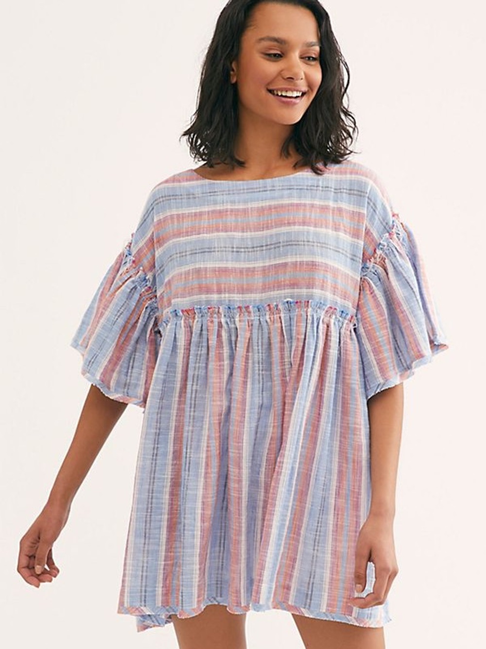 Free People Summer Nights Blue Lagoon Striped Mini Babydoll Dress Size XS